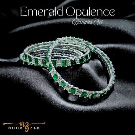 Silver Emerald Opulence Bangles Set featuring silver-tone bangles with emerald-green stones and sparkling crystals