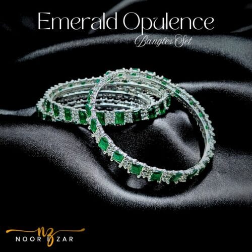 Silver Emerald Opulence Bangles Set featuring silver-tone bangles with emerald-green stones and sparkling crystals