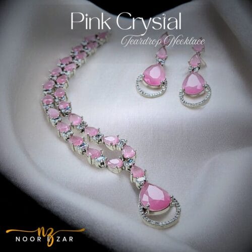Pink Crystal Tear Drop Necklace by NooreZar