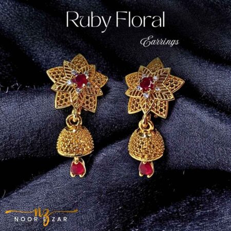 Ruby Floral Gold Earrings